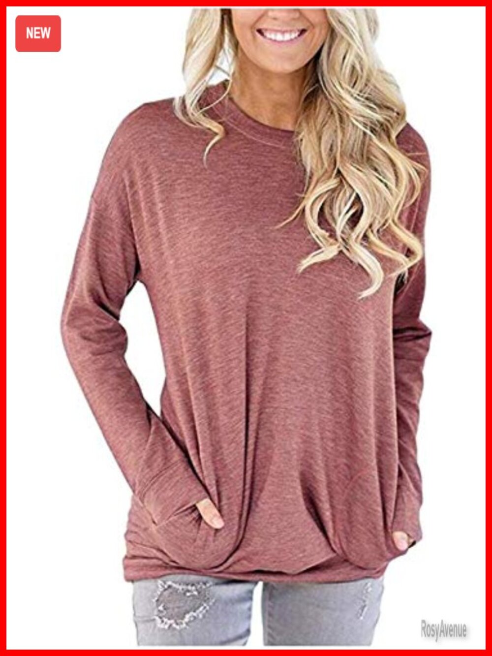 Womens Casual Long Sleeve Tunic Top Crew Neck Blouse with Pockets